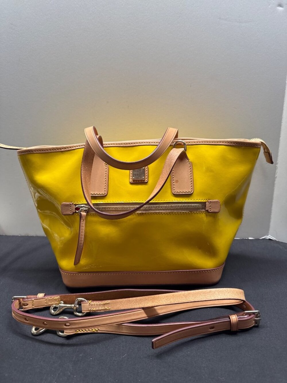 Dooney & Bourke Yellow Patent Leather Tote With Tan Trim & Crossbody Strap